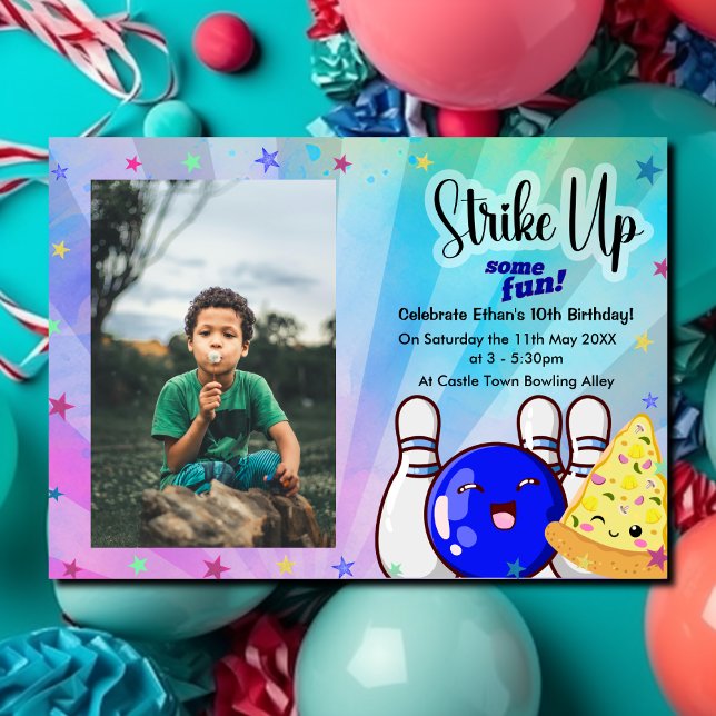 Invitation Frappe bleue, amusons-nous, bowling avec photo  (Créateur téléchargé)
