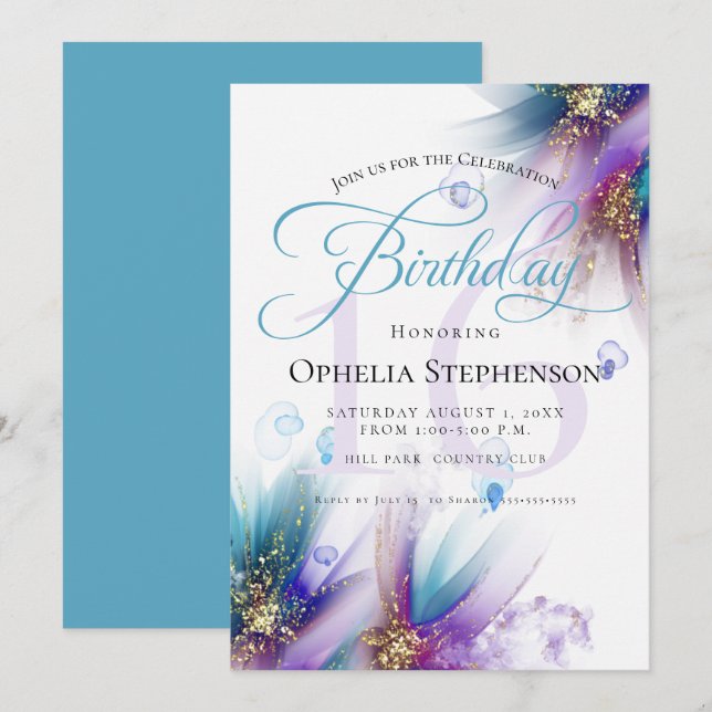 Invitation Frappe de Teal Améthyste Abstrait Floral Anniversa (Devant / Derrière)