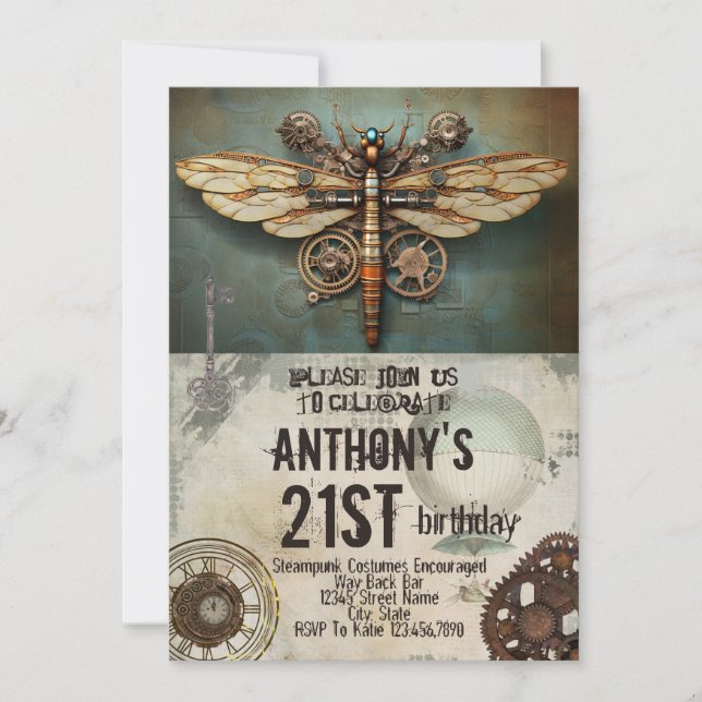 Invitation Frappe Steampunk Vintage mécanique libellule (Devant)