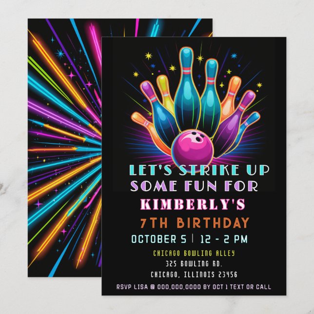 Invitation Frapper Un Amusant Neon Glow Bowling Anniversaire (Devant / Derrière)