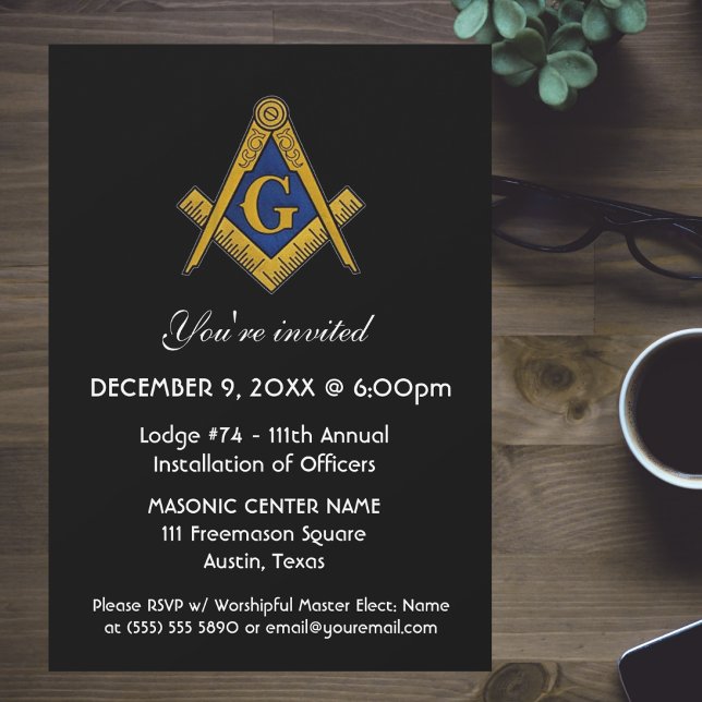 Invitation Freemason Masonry Carré noir et boussole (Créateur téléchargé)