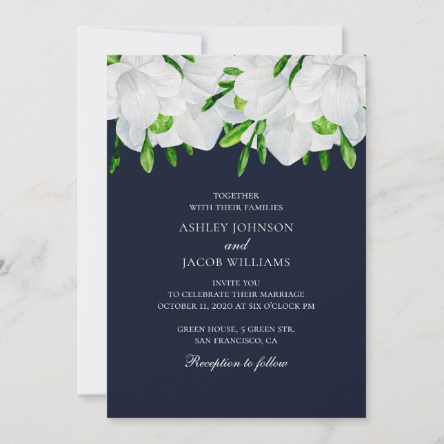 Invitation Freesia. Fleurs blanches. Mariage floral jardin ma (Devant)