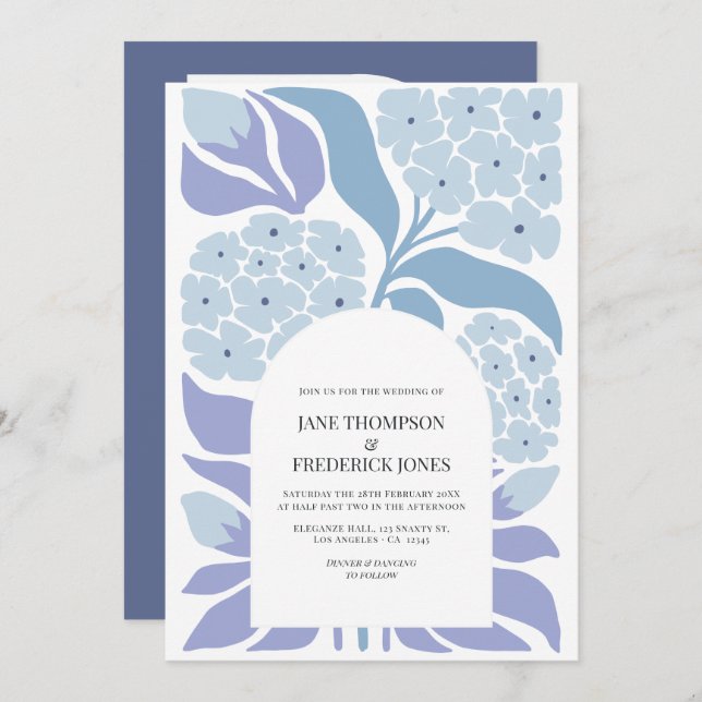Invitation French Blue Abstract Floral Modern Spring Wedding (Devant / Derrière)