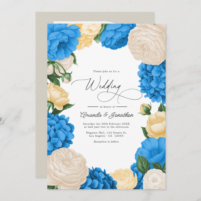 Invitation French Blue/Buttercream & Soft Gold Floral Wedding (Devant / Derrière)