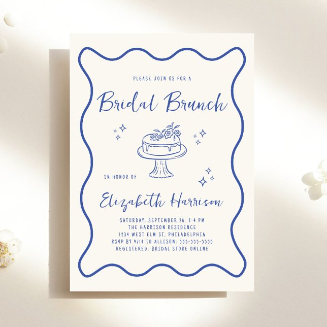 Invitation French Blue Cadre Ondulé Crème Réception de Mariag (French Blue Wavy Frame Cream Bridal Brunch Shower Invitation)