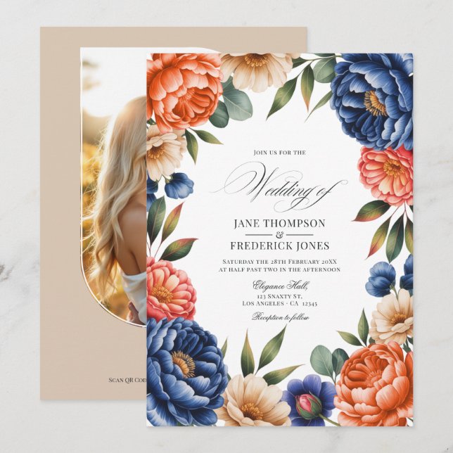 Invitation French Blue, Coral, and Sand Beige Floral Wedding (Devant / Derrière)