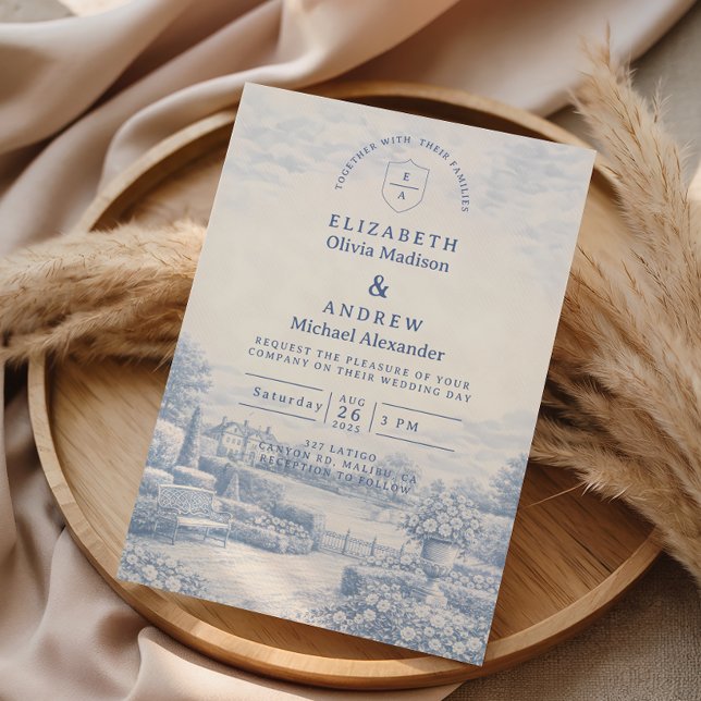 Invitation French Blue Countryside Toile Wedding (Créateur téléchargé)