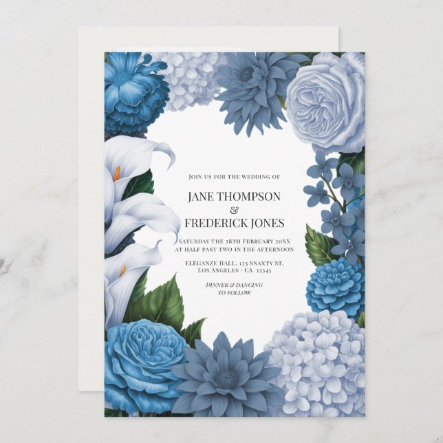 Invitation French Blue, Storm Slate & Petal Fog Wedding (Devant / Derrière)
