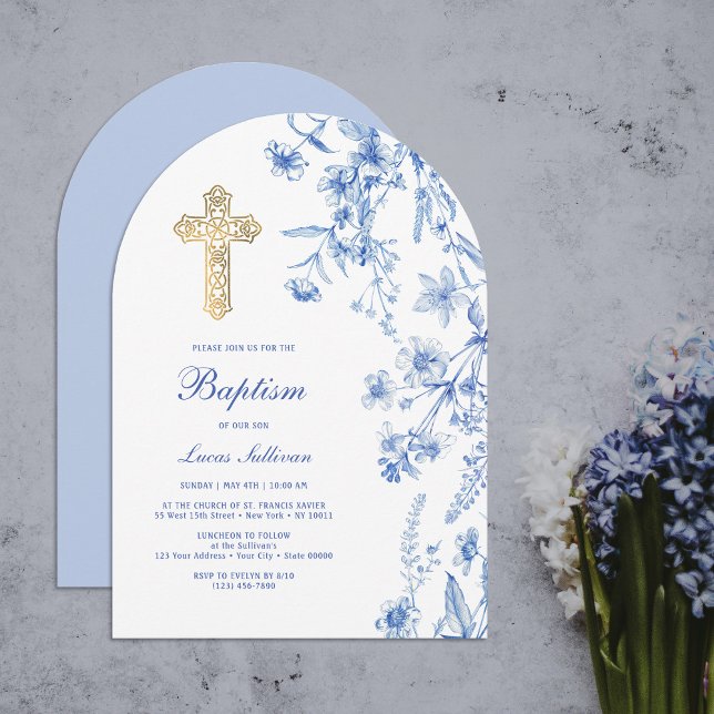 Invitation French Blue Wildflowers Arch Baptism (Créateur téléchargé)