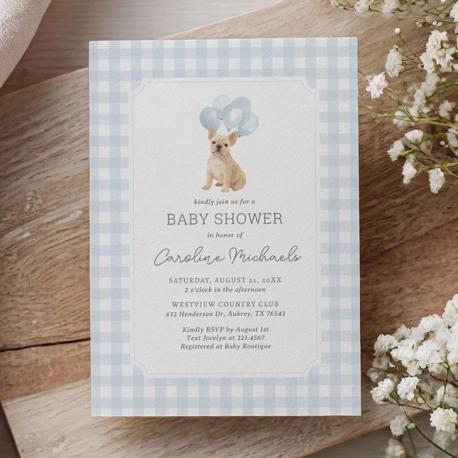 Invitation French Bulldog Gingham Bleu Baby Shower (Créateur téléchargé)