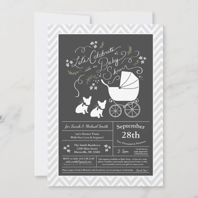 Invitation French Bulldog Theme Party - Baby shower neutre (Devant)