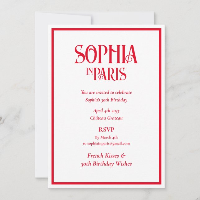 Invitation French Kisses 30th Birthday Wishes Paris Birthday (Devant)