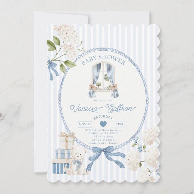 Invitation French Nursery Baby Boy Shower Coquette Stripe Bow (Devant)