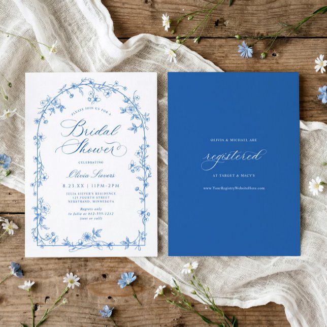 Invitation French Toile Blue and White Floral Bridal Shower (Blue and white wildflower bridal shower invitation with French vintage toile arch frame)