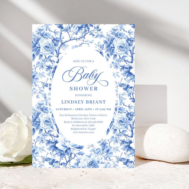 Invitation French Toile de Jouy Blue Roses Baby Shower Invite (French Toile de Jouy Blue Roses Baby Shower Invitation)
