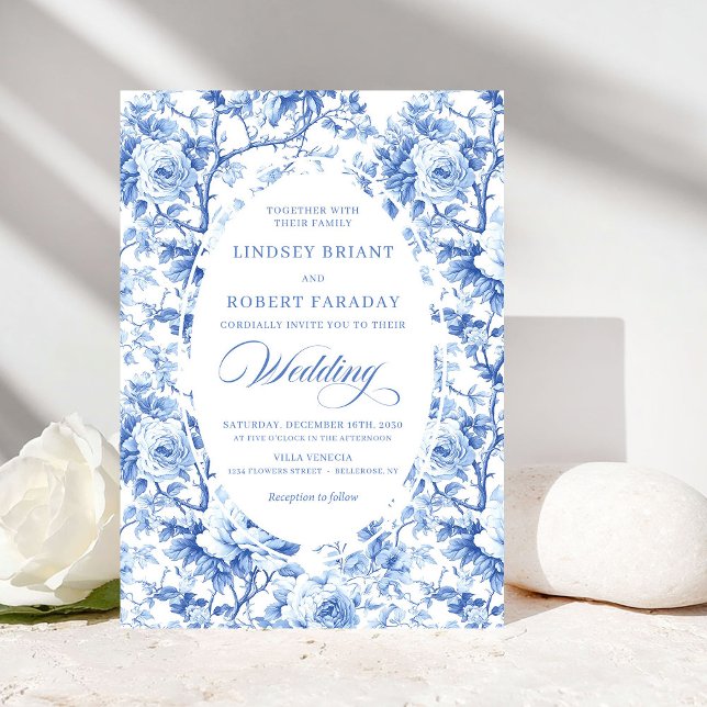 Invitation French Toile de Jouy Blue Roses Elegant Wedding  (French Toile de Jouy Blue Roses Elegant Wedding Invite)