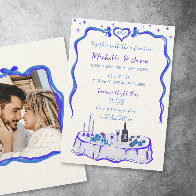 Invitation Frenhch Blue Retro Whimsical Main Draw Bow Photo (whimsical hand drawn french blue dinner table with bow frame for your wedding invitation)
