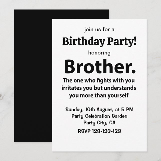 Invitation Frère Typographie Fête d'anniversaire Frère (Devant / Derrière)