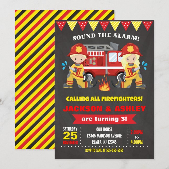 Invitation Frères et sœurs pompiers Garçon Fille Anniversaire (Devant / Derrière)