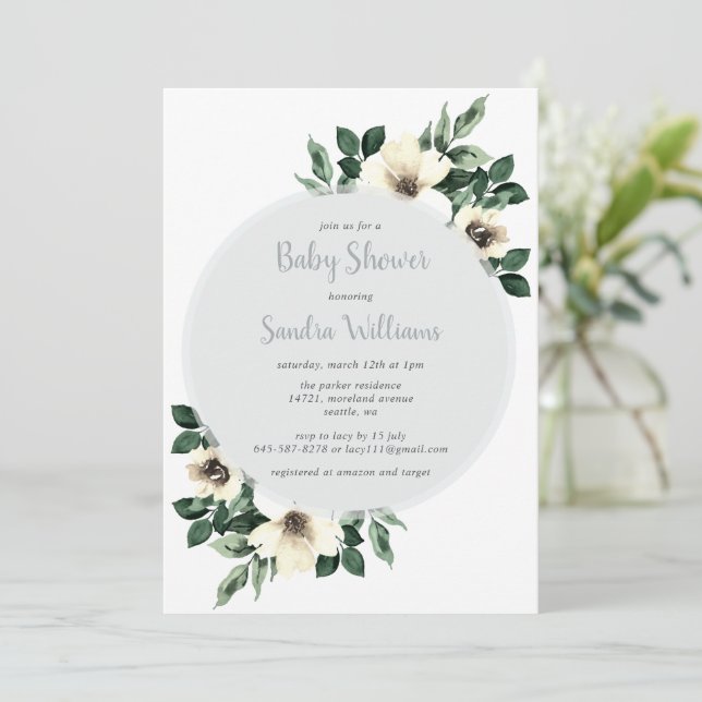 Invitation Fresh Anemone baby shower invitation_gray (Debout devant)