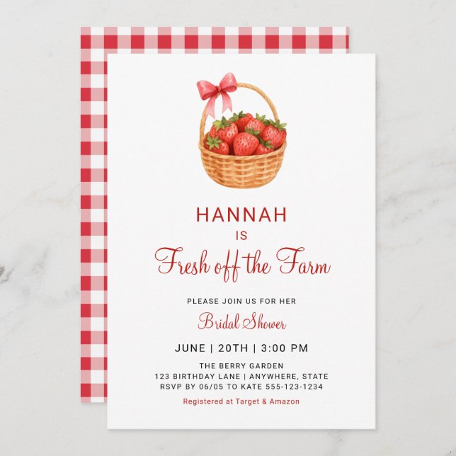 Invitation Fresh Off The Farm Strawberry Bow Bridal Shower (Devant / Derrière)