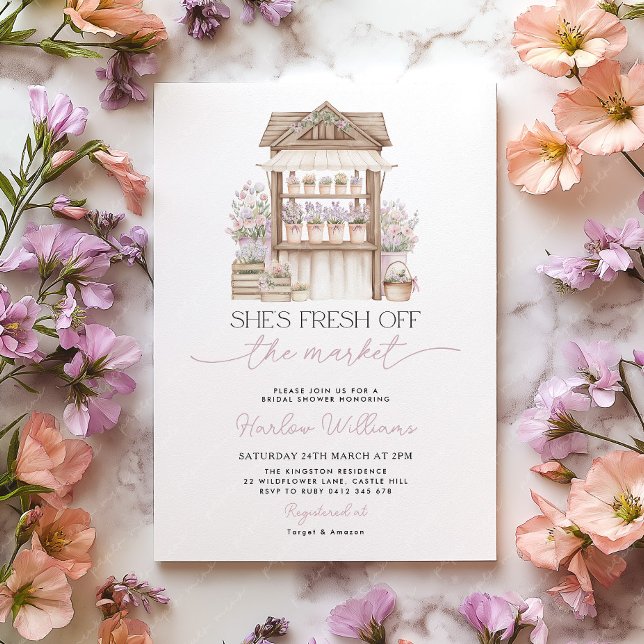 Invitation Fresh off the Market Flower Market Bridal Shower  (She's fresh off the market | Bridal Shower Invitation | Flower Cart)