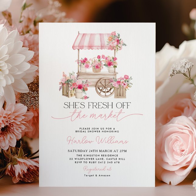 Invitation Fresh off the Market Flower Market Bridal Shower (She's fresh off the market. Bridal Shower invitation with pink flower cart and pink flowers. )