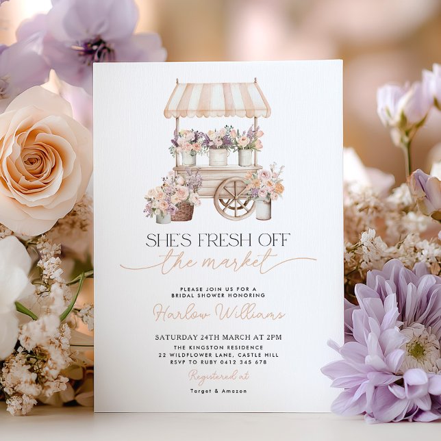 Invitation Fresh off the Market Flower Peach Bridal Shower (She's fresh off the market! Bridal Shower Flower Cart invitation)