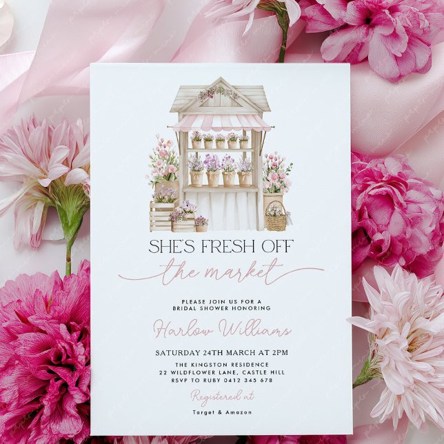 Invitation Fresh off the Market Flower Pink Bridal Shower  (She's fresh off the market! Flower cart Bridal Shower Invitation | Pink Flowers)