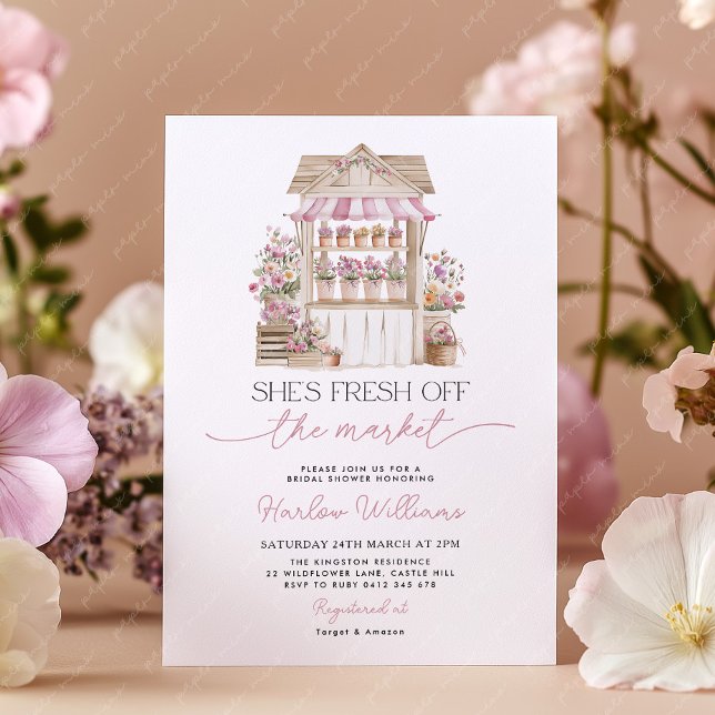 Invitation Fresh off the Market Flower Purple Bridal Shower  (She's fresh off the market! Flower cart Bridal Shower Invitation )