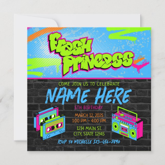 Invitation Fresh Princess 90s Boombox Vert rose Anniversaire (Devant)