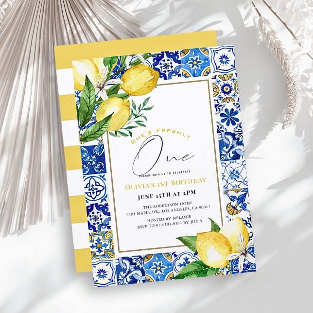Invitation Freshly One Lemon Blue Carreau Fille 1er Anniversa (Créateur téléchargé)