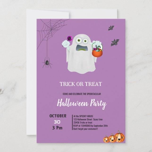 Invitation Friandise fantôme citrouille violet halloween astu (Devant)