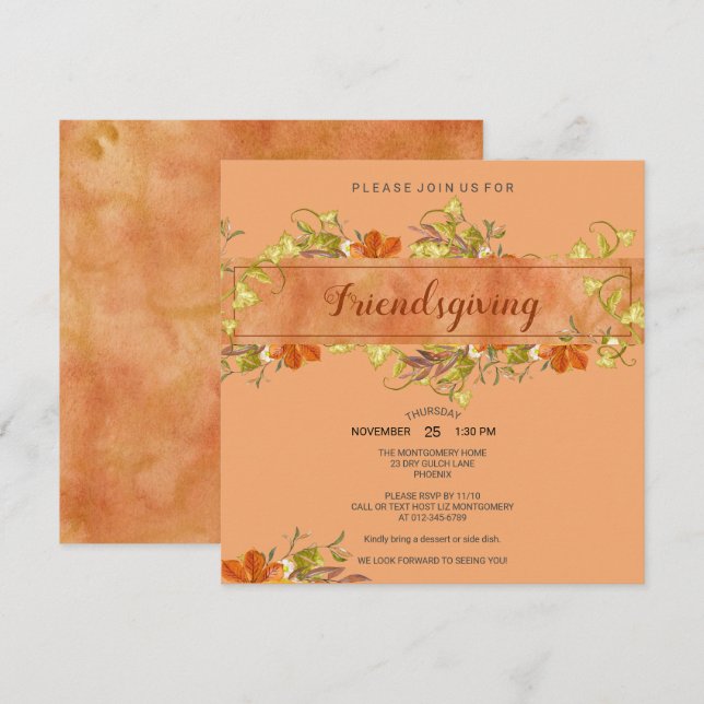 Invitation Friendsgiving Aquarelle Feuilles d'automne rustiqu (Devant / Derrière)