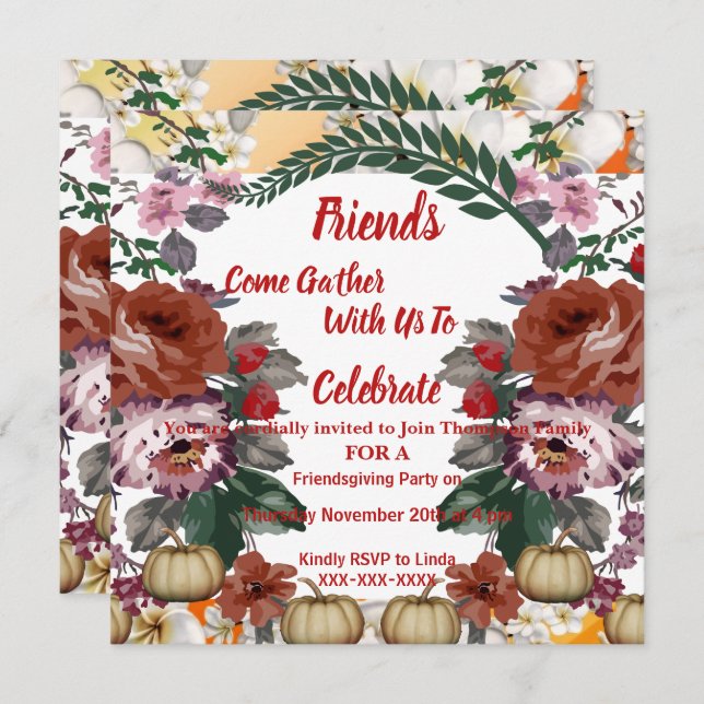 Invitation Friendsgiving Automne Citrouille Aquarelle Rose (Devant / Derrière)