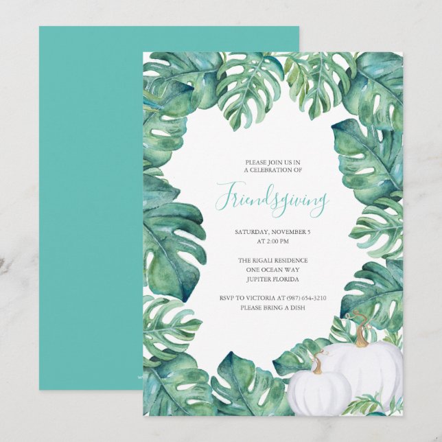 Invitation Friendsgiving aux verts tropicaux de la (Devant / Derrière)