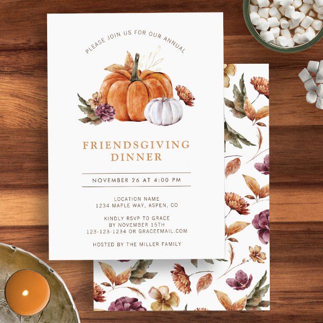Invitation Friendsgiving de citrouille (Watercolor autumn floral pumpkin Friendsgiving dinner party invitation by Painted Paperie
)
