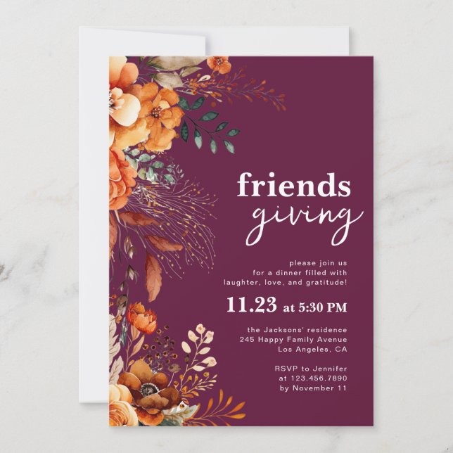 Invitation Friendsgiving dinner classy burgundy floral  (Devant)