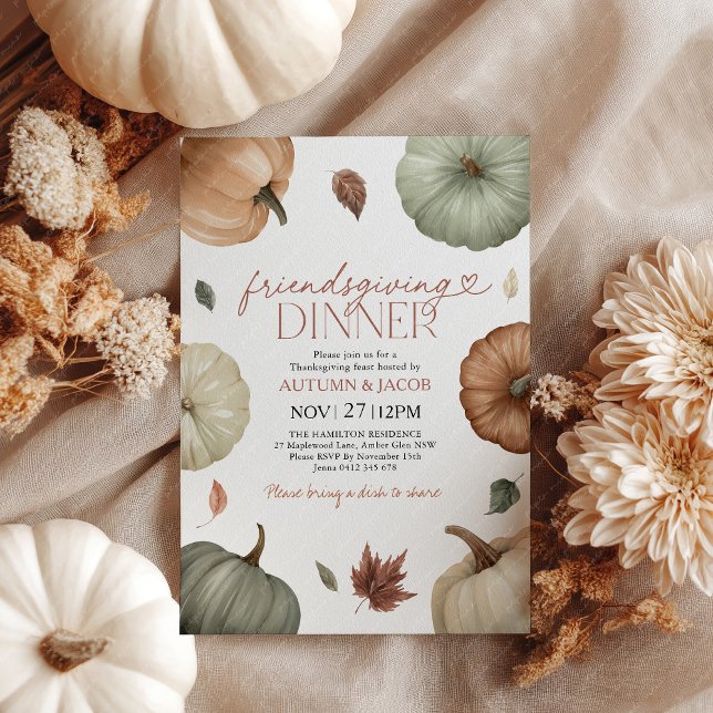 Invitation Friendsgiving Dinner Thanksgiving Pumpkin Fall (Friendsgiving Dinner Invitation with rustic pumpkins in shades of green and orange with fall leaves)