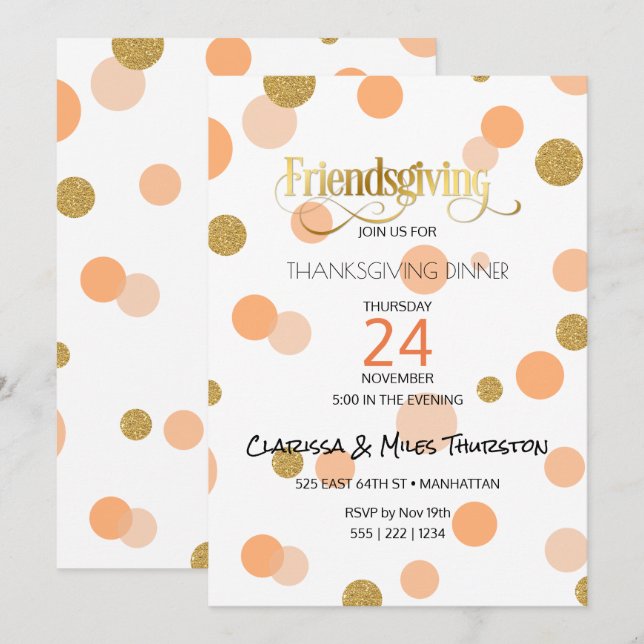 Invitation Friendsgiving Points Orange Et Or Moderne (Devant / Derrière)
