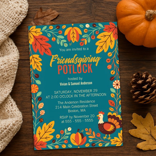 Invitation Friendsgiving Potluck Feuilles d'Automne Dinde Sar (Créateur téléchargé)