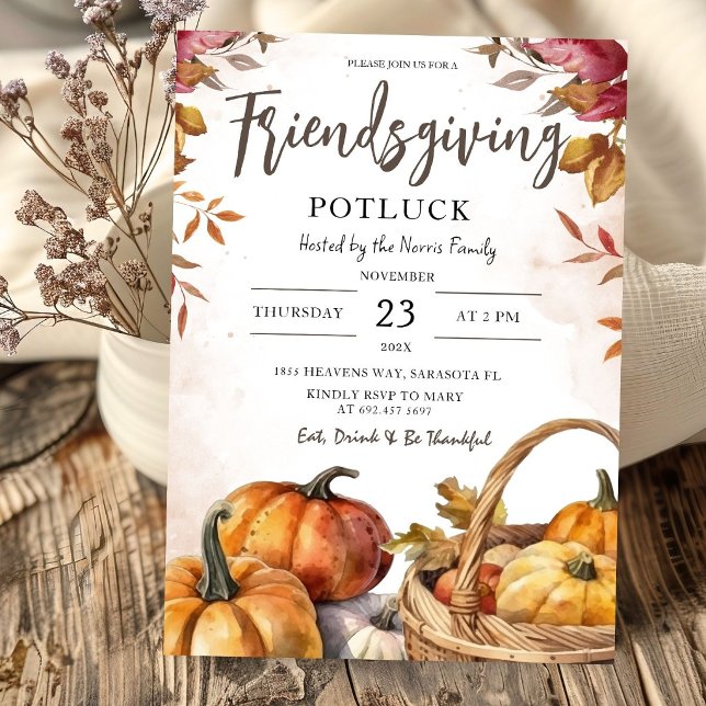 Invitation Friendsgiving Potluck Rustique Pumpkin Action de g (Créateur téléchargé)