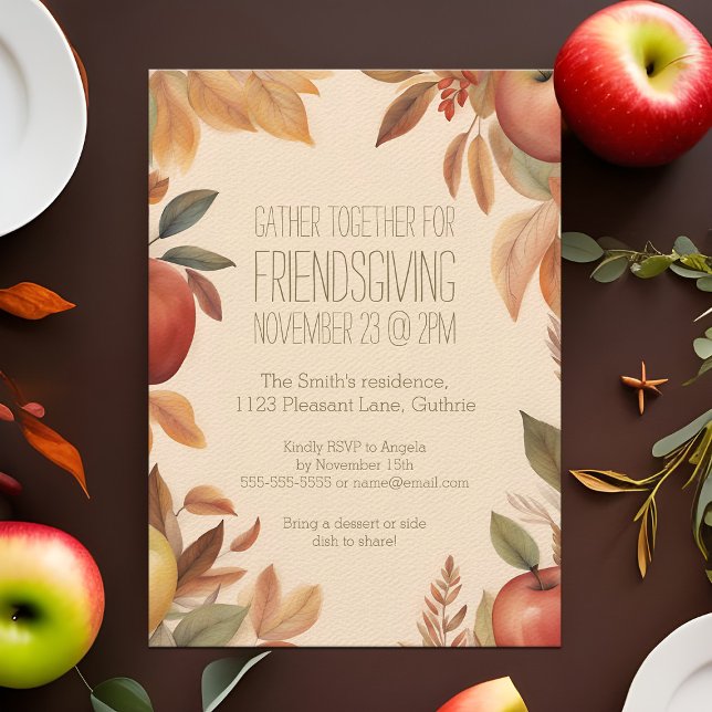 Invitation Friendsgiving Récolte de Pommes Automnales Aquarel (Boho watercolor Friendsgiving dinner party invitation with Fall apples)