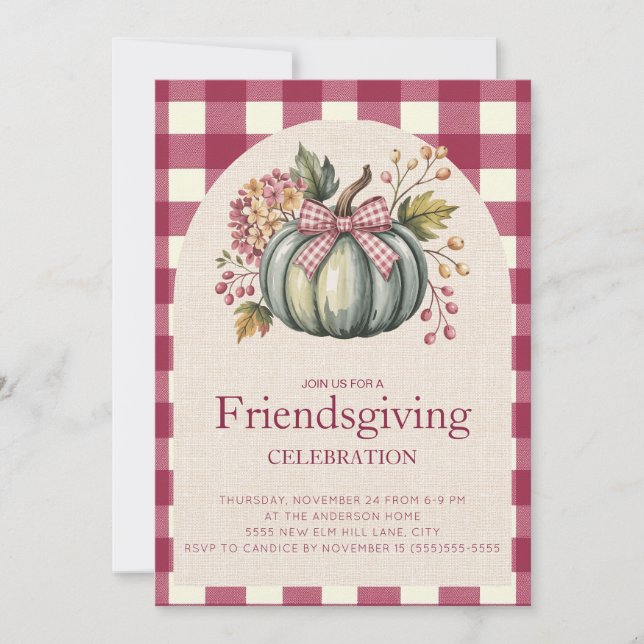 Invitation Friendsgiving Rouge Gingham Citrouille  (Devant)