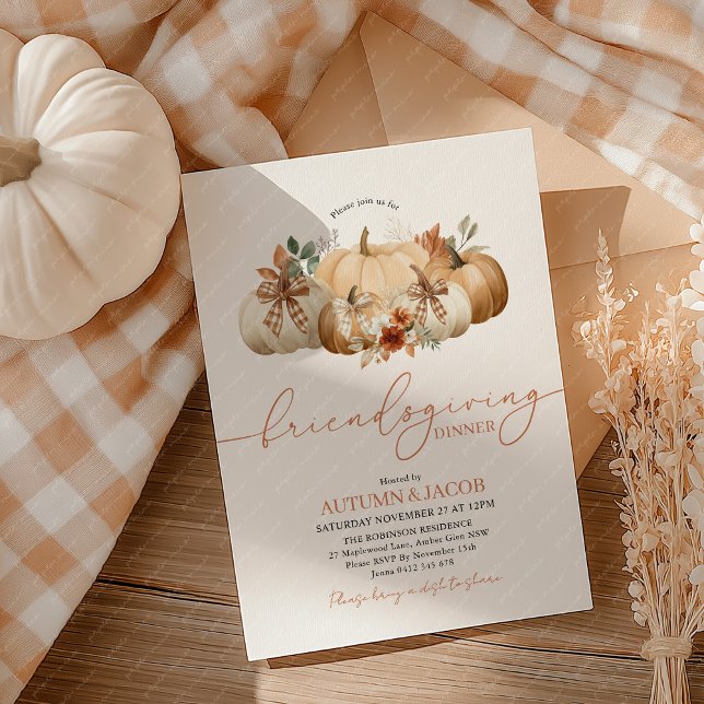 Invitation Friendsgiving Thanksgiving Dinner Pumpkin Bows (Friendsgiving Pumpkin Patch with Bows dinner invitation)