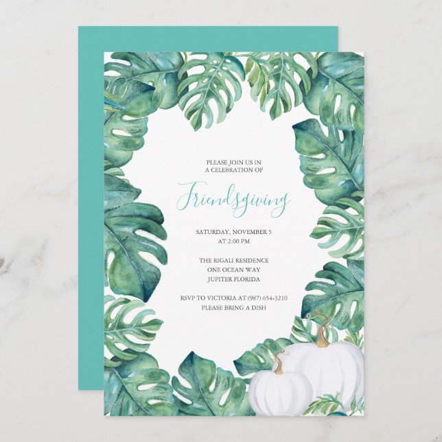 Invitation Friendsgiving Verts Tropicaux Citrouill (Devant / Derrière)