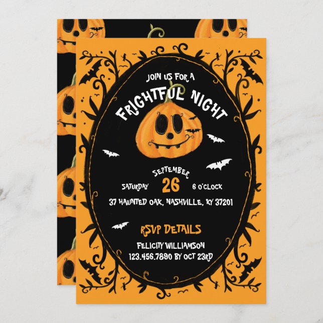 Invitation Fright Night Effrayant Halloween Citrouille Carvin (Devant / Derrière)