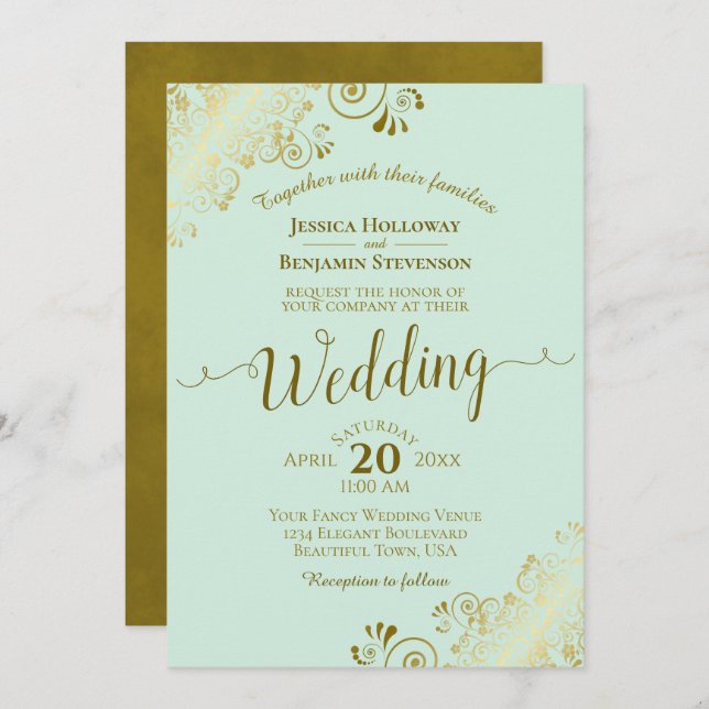 Invitation Frilant Elegant Pale Mint Green & Gold Mariage (Devant / Derrière)