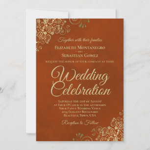 Invitation Frilles d'or sur rouille Orange Elegant QR Code Ma