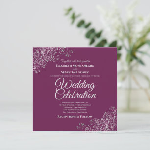 Invitation Frills Argent Cassis Simple Elegant Carré Mariage